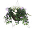 Artificial White and Purple Rose, Daisy and Morning Glory Display in a 14" Round Willow Hanging Basket